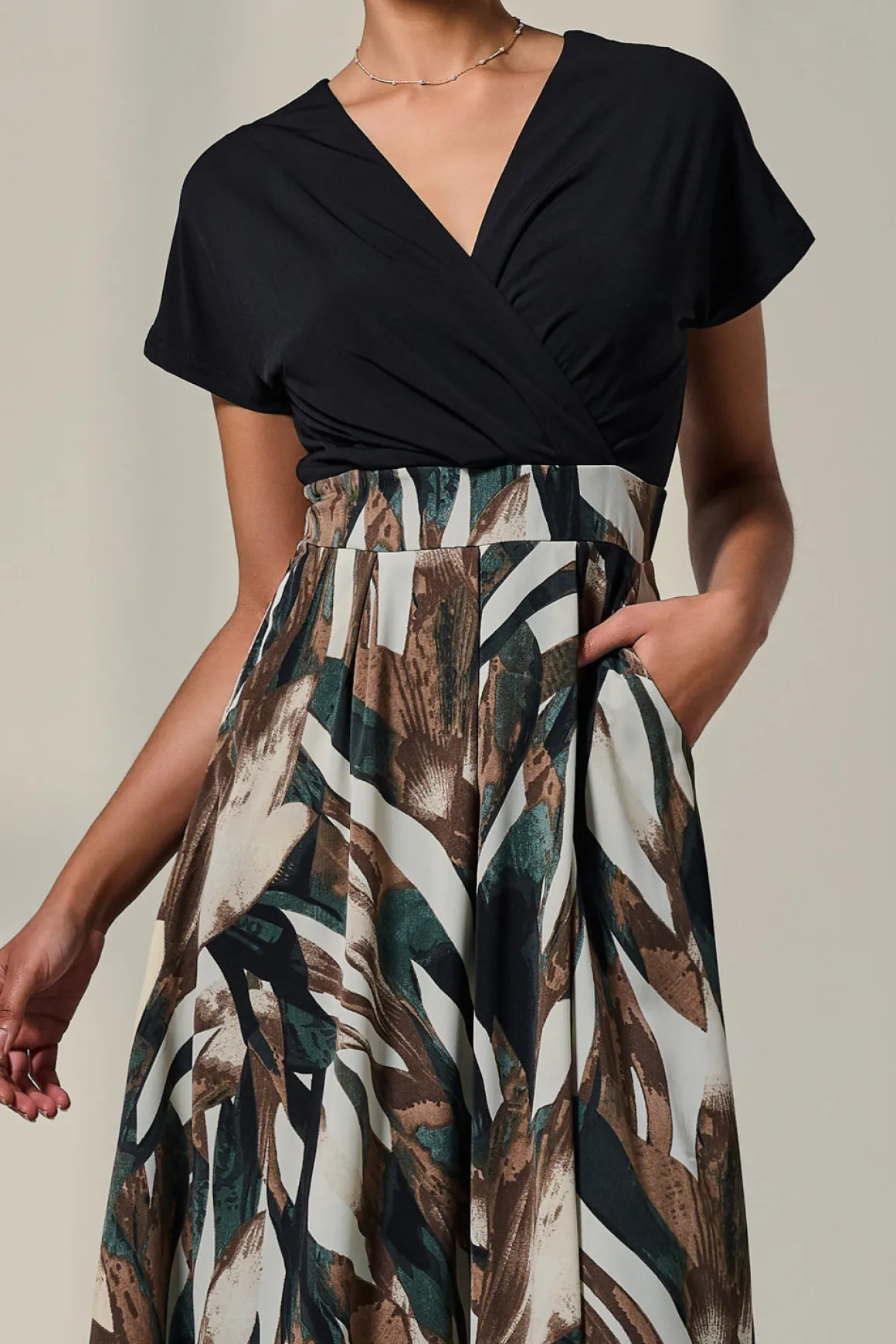 Short Sleeve Two Tone Midaxi Dress, Black Abstract
