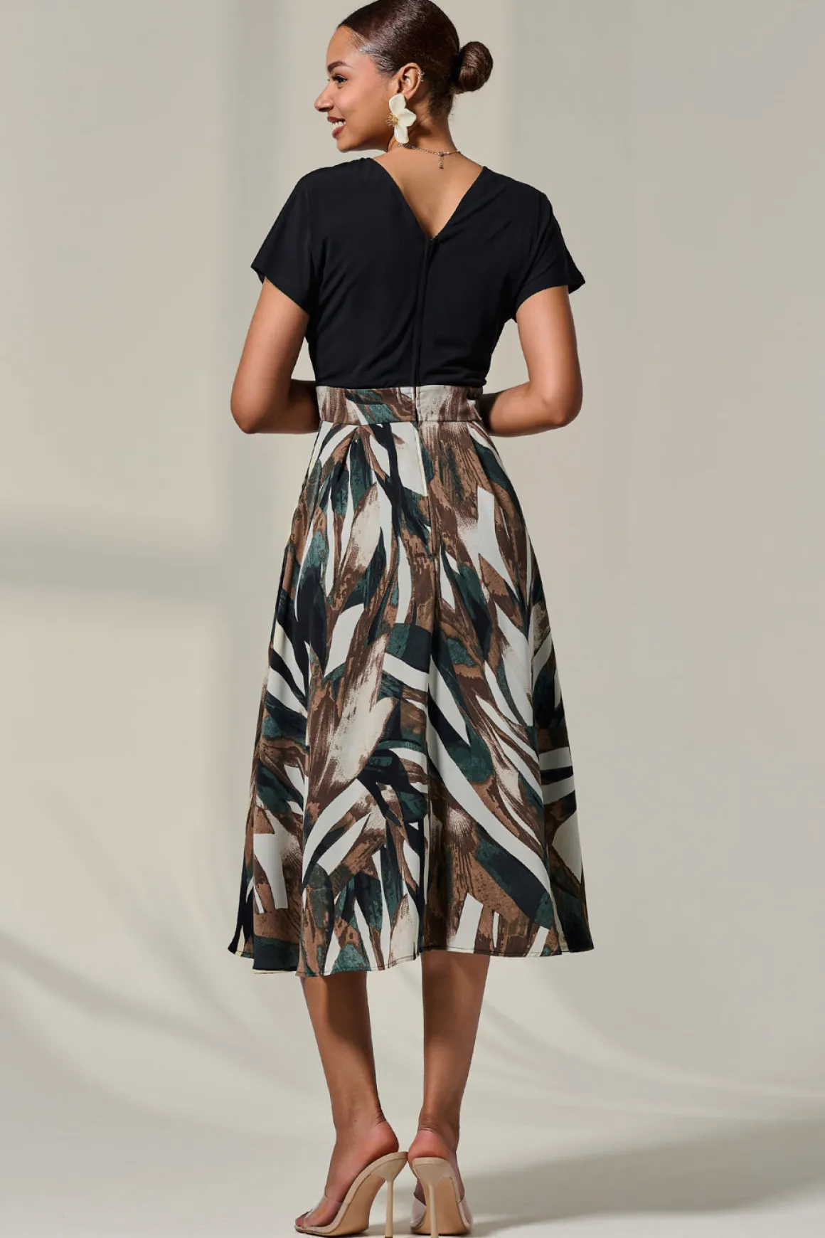Short Sleeve Two Tone Midaxi Dress, Black Abstract