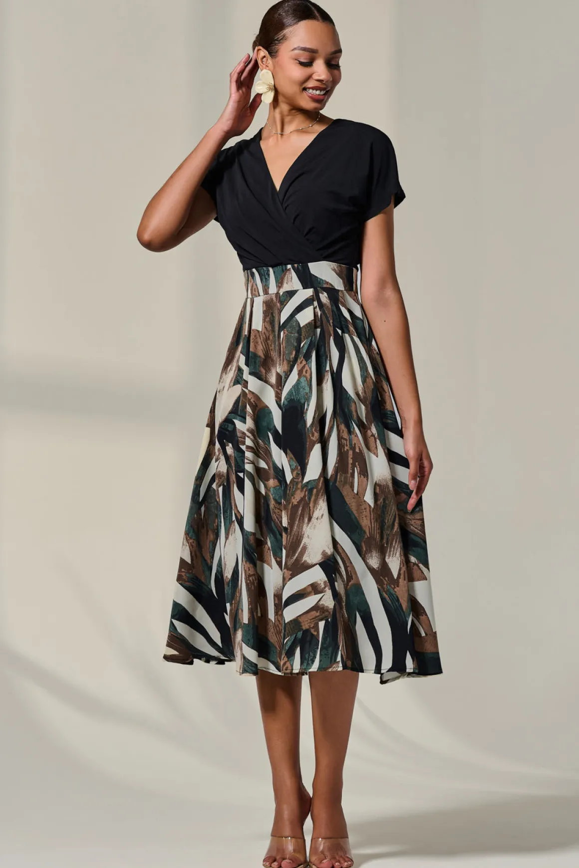 Short Sleeve Two Tone Midaxi Dress, Black Abstract