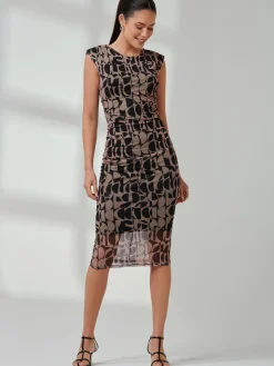Shoulder Pad Mesh Bodycon Dress, Brown Geo