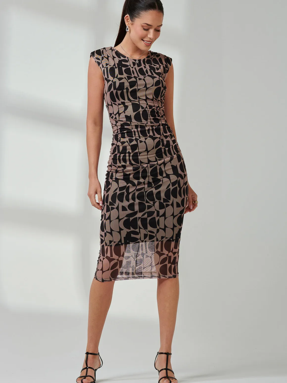 Shoulder Pad Mesh Bodycon Dress, Brown Geo