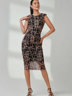 Shoulder Pad Mesh Bodycon Dress, Brown Geo