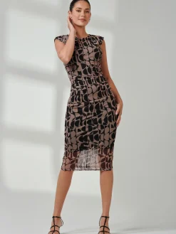 Shoulder Pad Mesh Bodycon Dress, Brown Geo