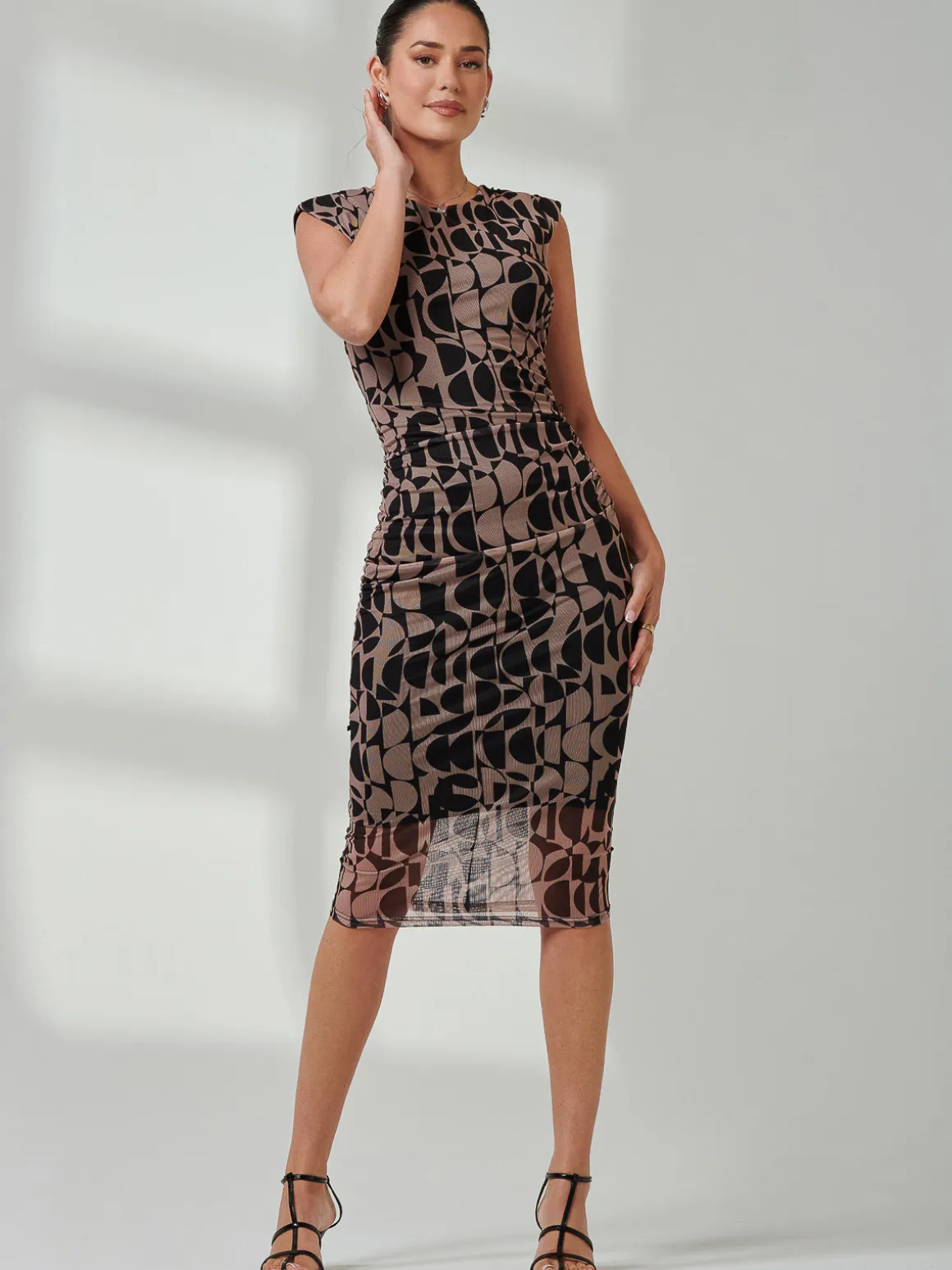 Shoulder Pad Mesh Bodycon Dress, Brown Geo