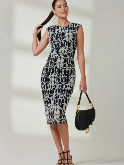 Shoulder Pad Mesh Bodycon Dress, Navy Geo
