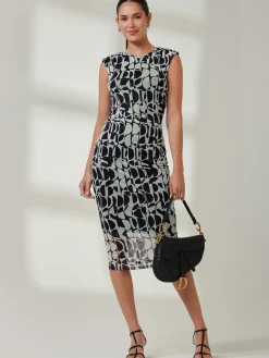 Shoulder Pad Mesh Bodycon Dress, Navy Geo