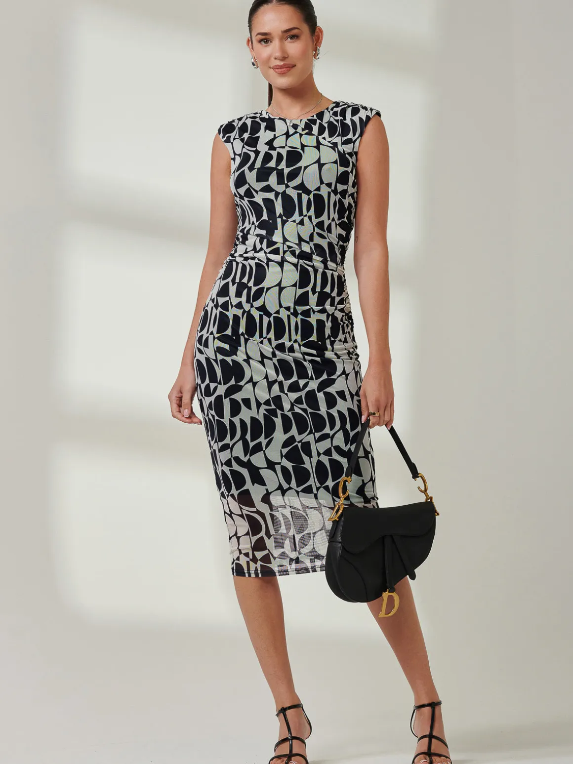Shoulder Pad Mesh Bodycon Dress, Navy Geo