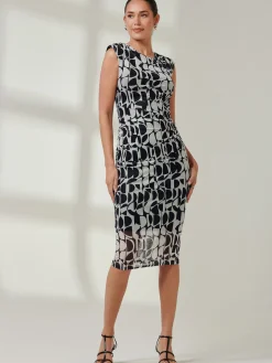 Shoulder Pad Mesh Bodycon Dress, Navy Geo
