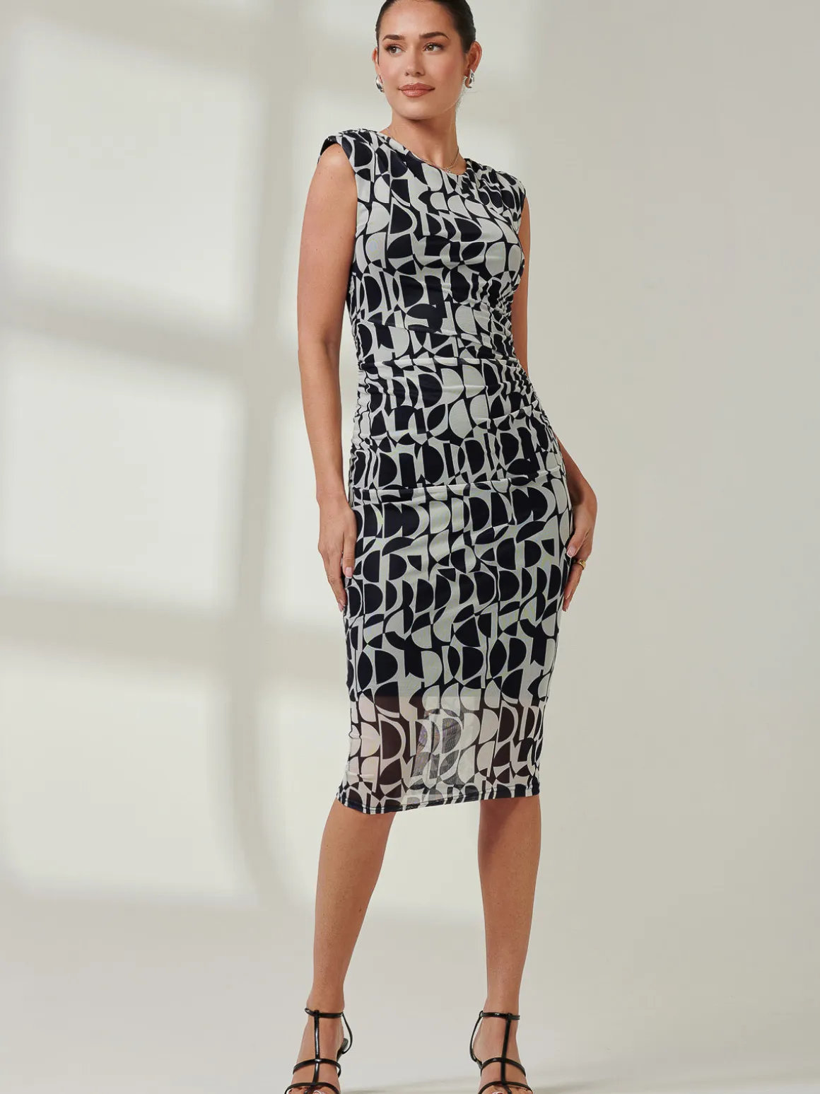 Shoulder Pad Mesh Bodycon Dress, Navy Geo