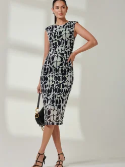 Shoulder Pad Mesh Bodycon Dress, Navy Geo