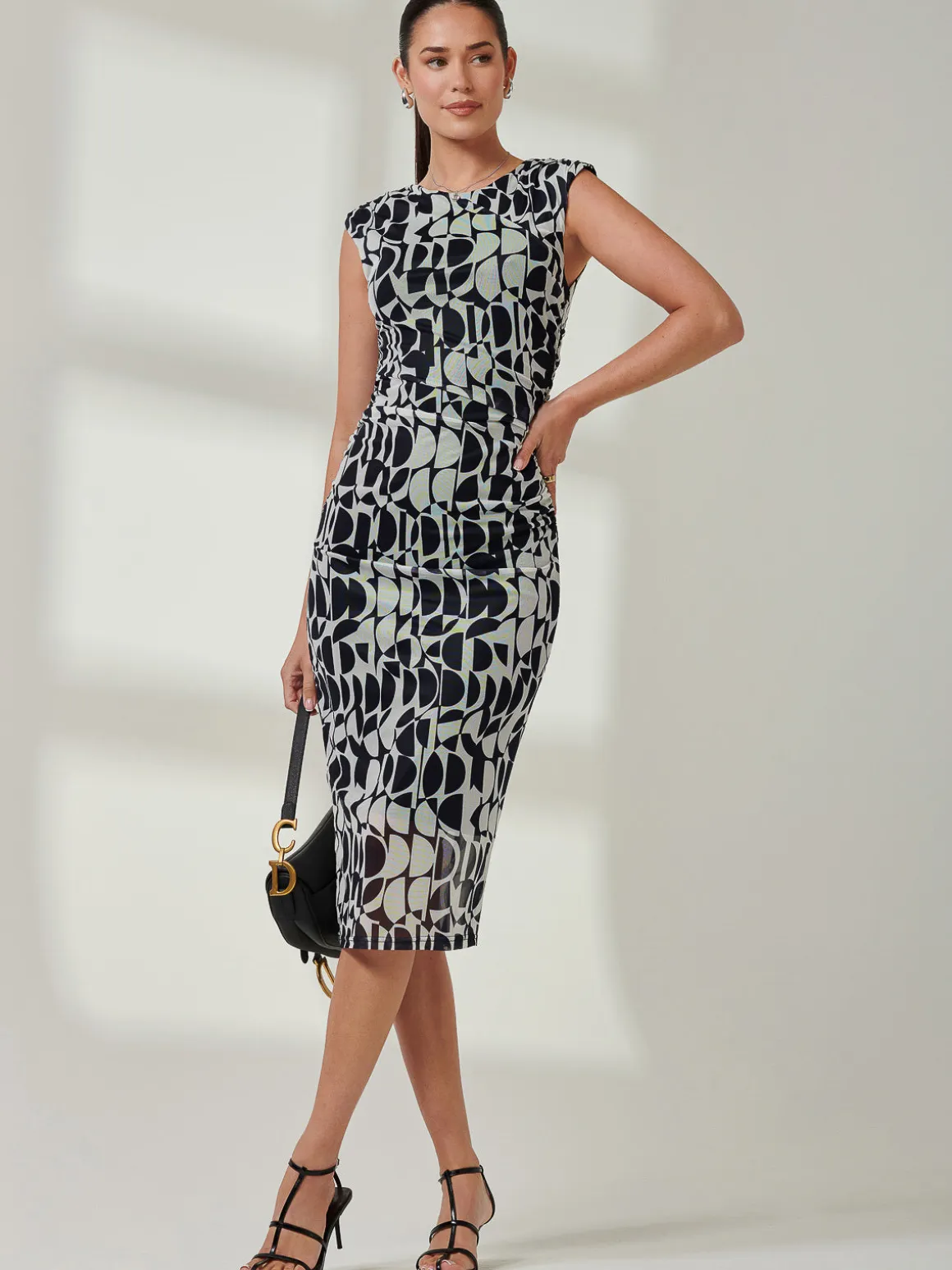 Shoulder Pad Mesh Bodycon Dress, Navy Geo