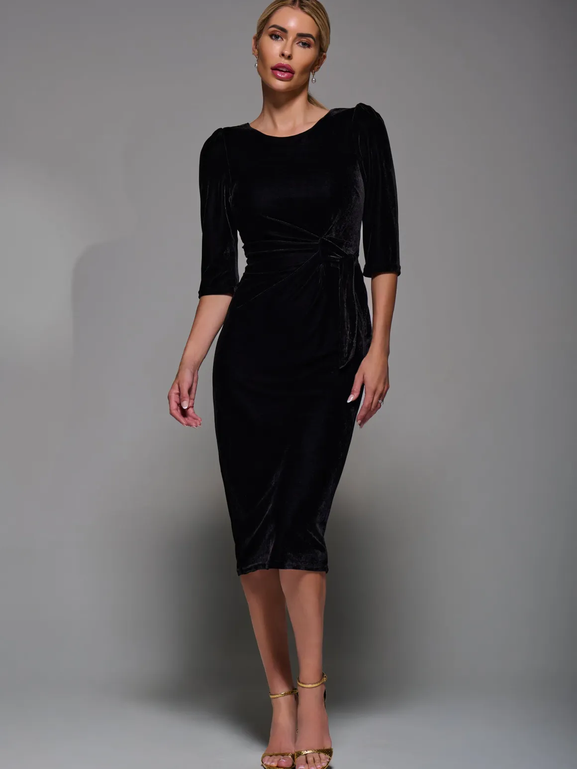 Side Tie Velvet Bodycon Dress, Black