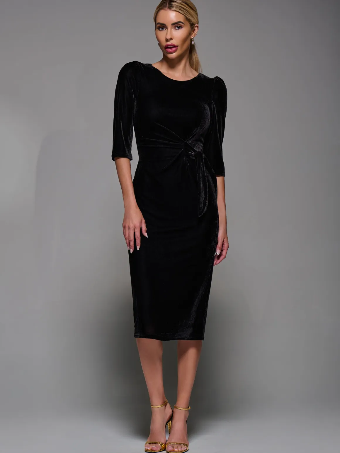 Side Tie Velvet Bodycon Dress, Black