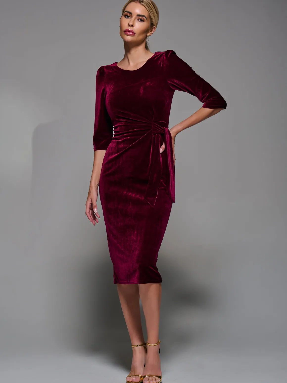 Side Tie Velvet Bodycon Dress, Burgundy