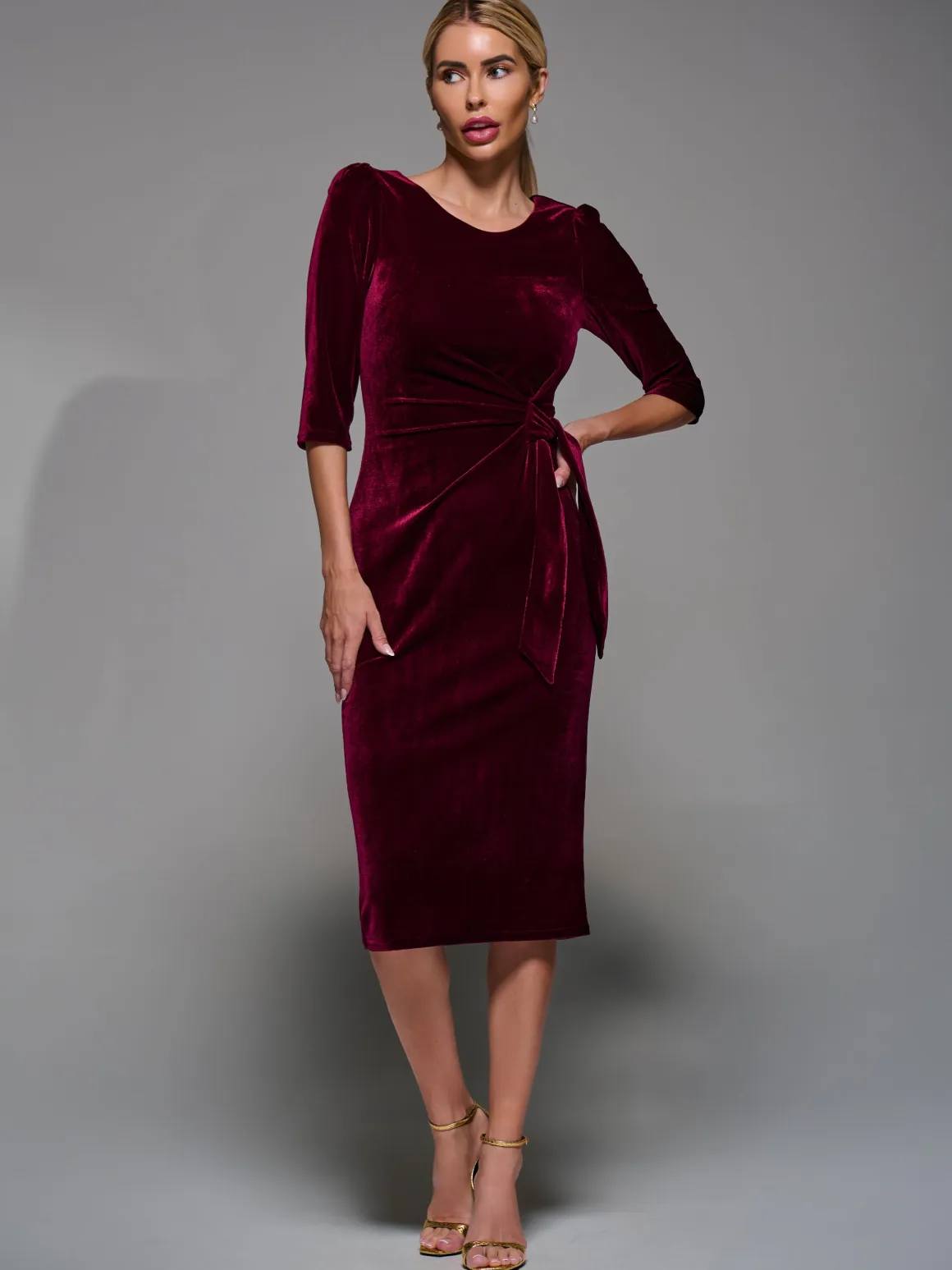 Side Tie Velvet Bodycon Dress, Burgundy