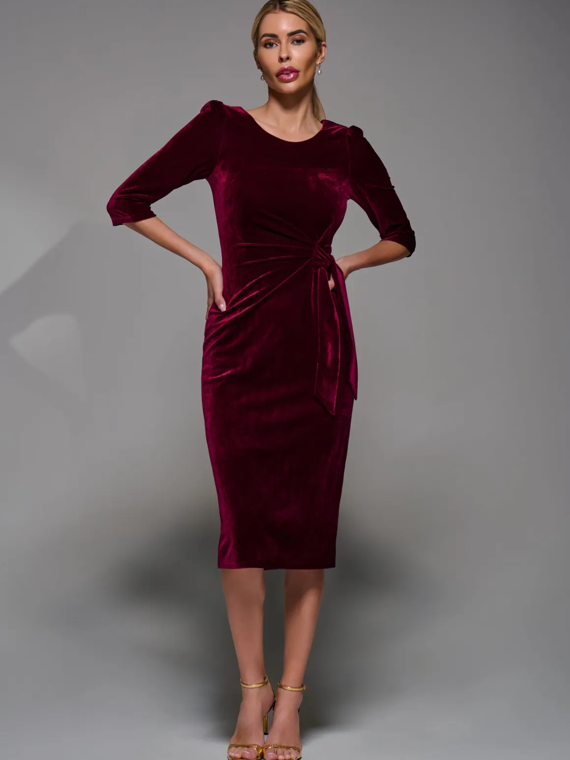 Side Tie Velvet Bodycon Dress, Burgundy
