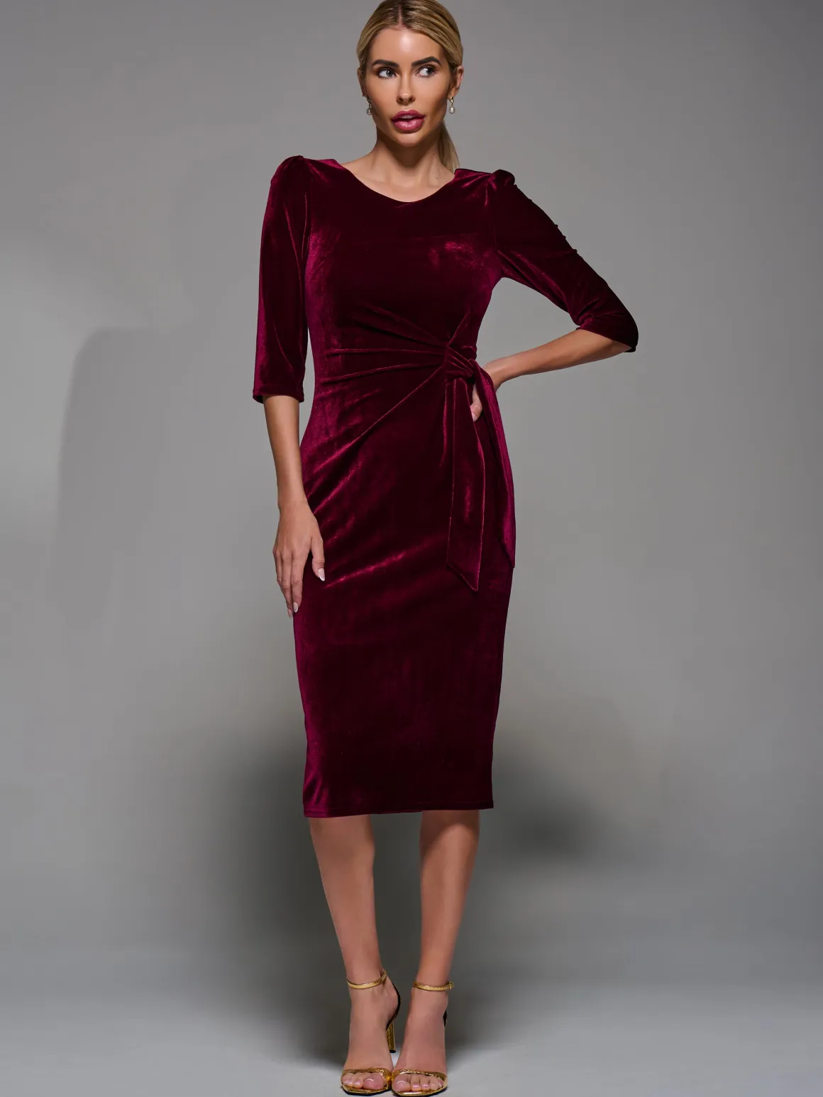 Side Tie Velvet Bodycon Dress, Burgundy
