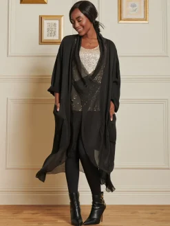 Silk Trim Tunic Maxi Dress, Black