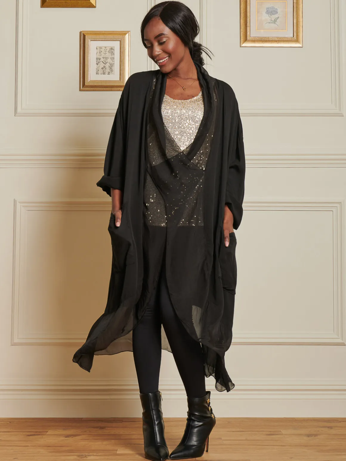 Silk Trim Tunic Maxi Dress, Black