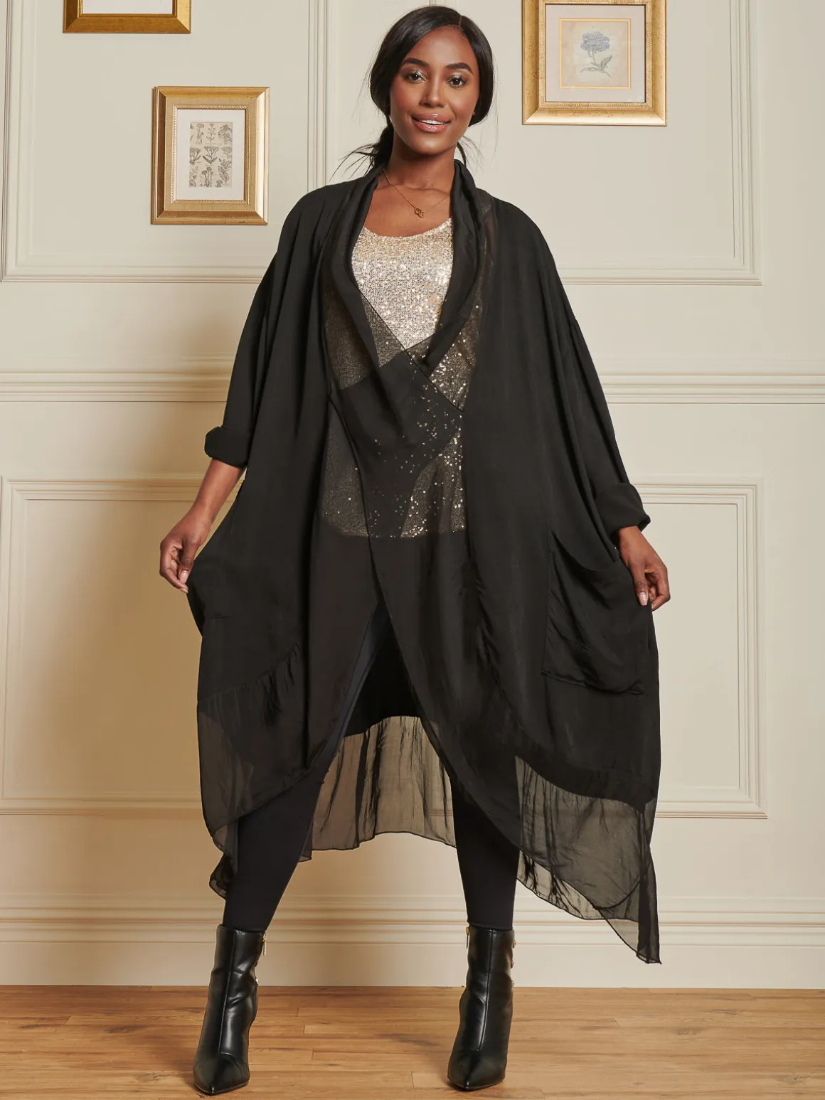 Silk Trim Tunic Maxi Dress, Black