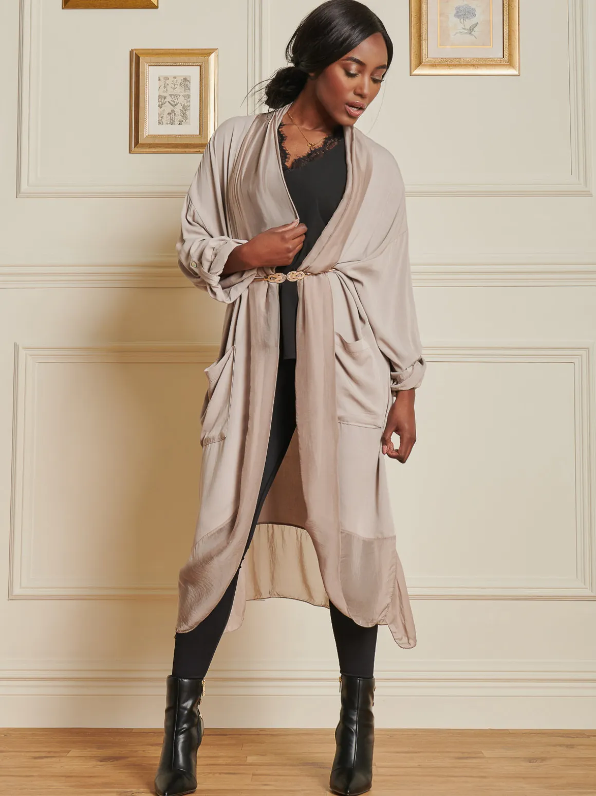 Silk Trim Wrap Tunic Maxi Dress, Taupe