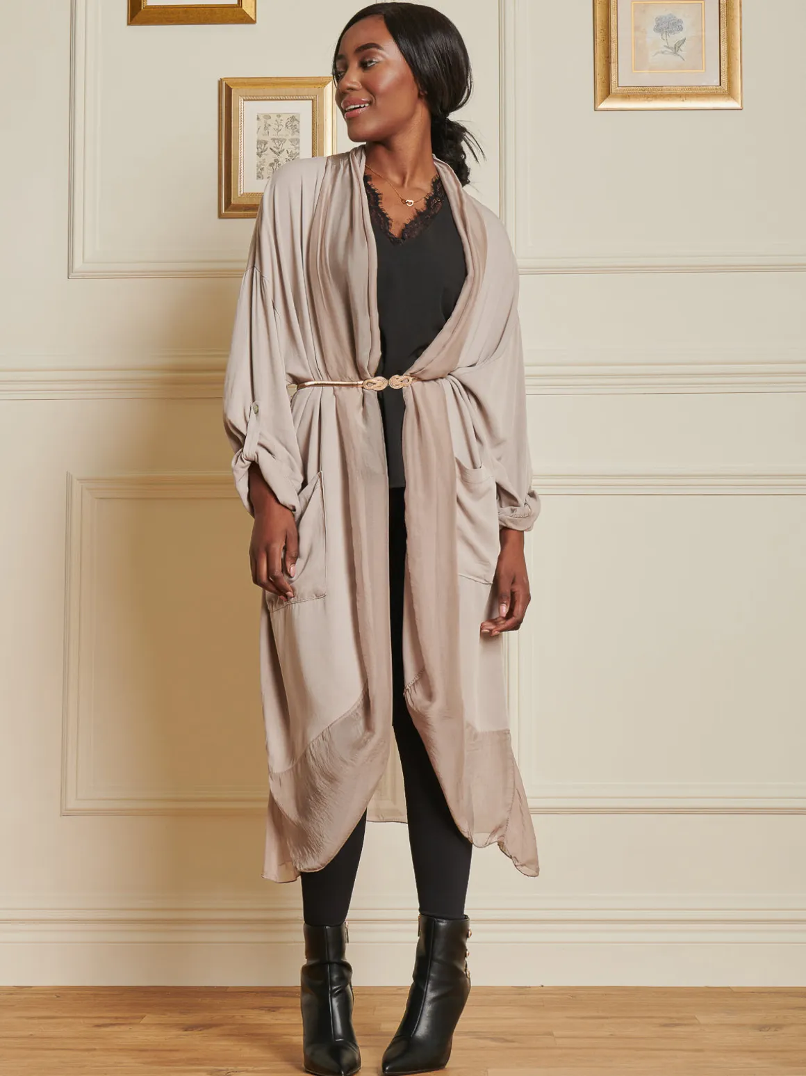 Silk Trim Wrap Tunic Maxi Dress, Taupe