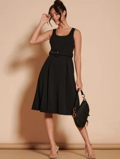1950's Inspired Belted Swing Dress, Black