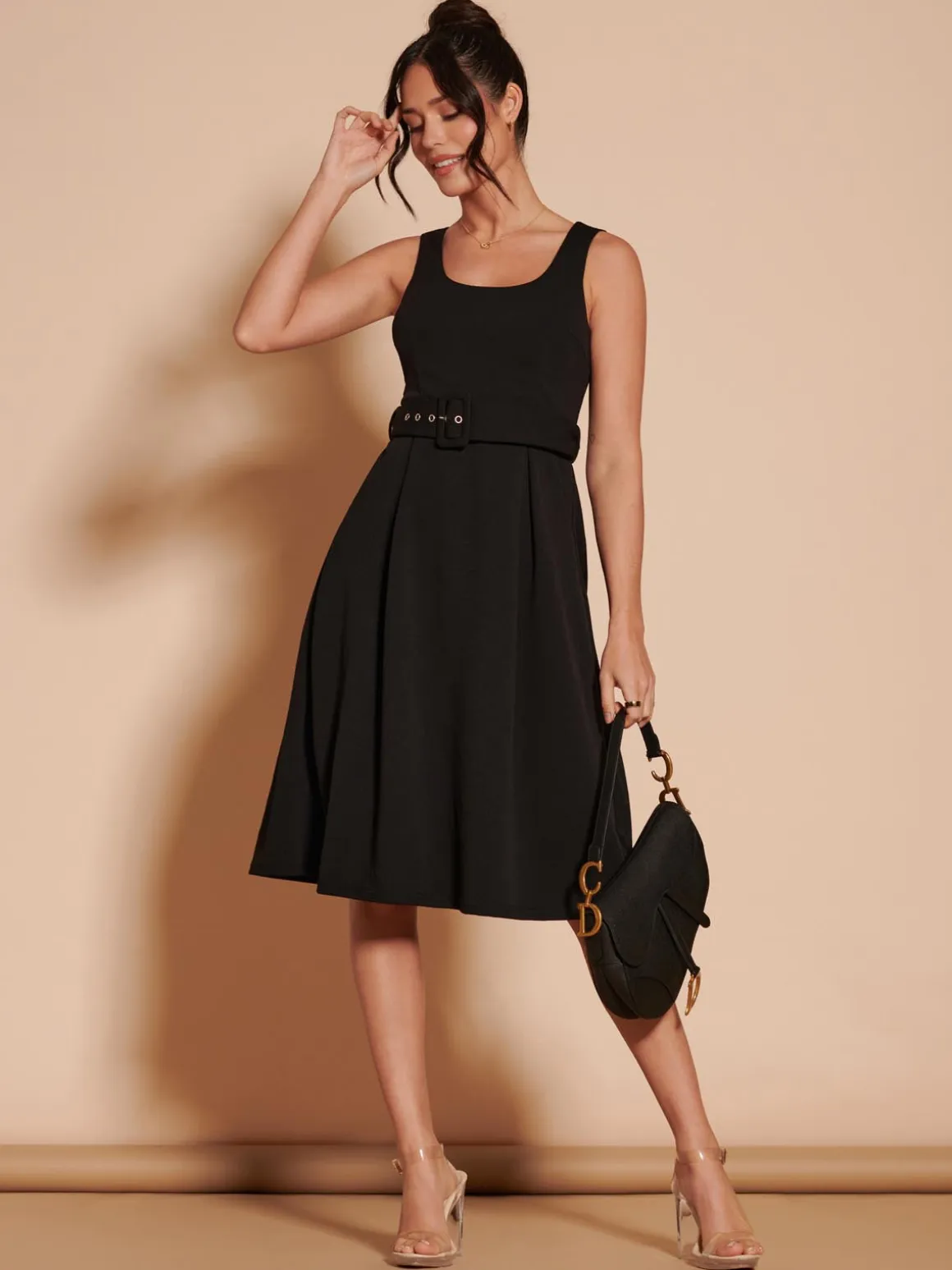 1950's Inspired Belted Swing Dress, Black