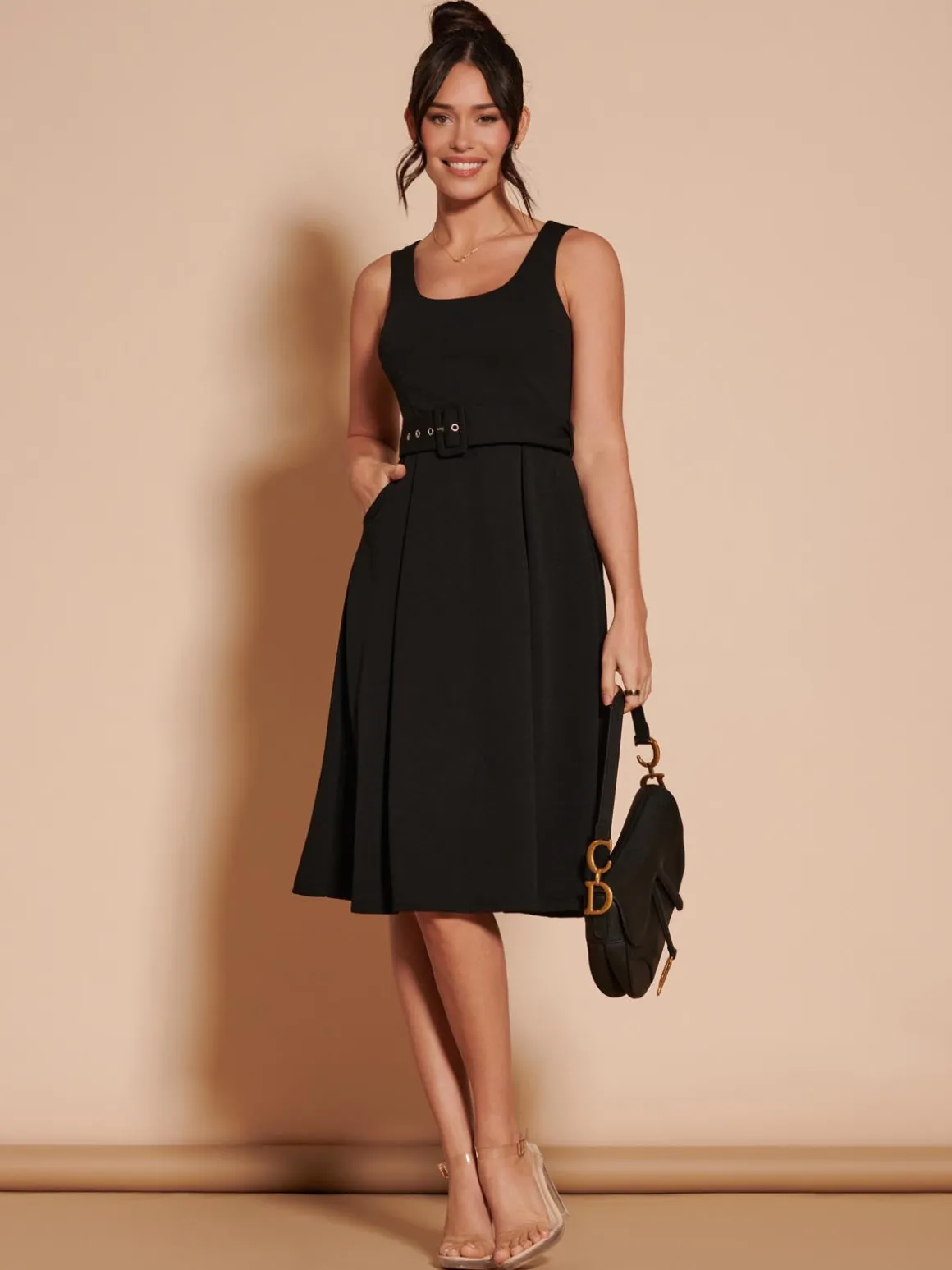 1950's Inspired Belted Swing Dress, Black