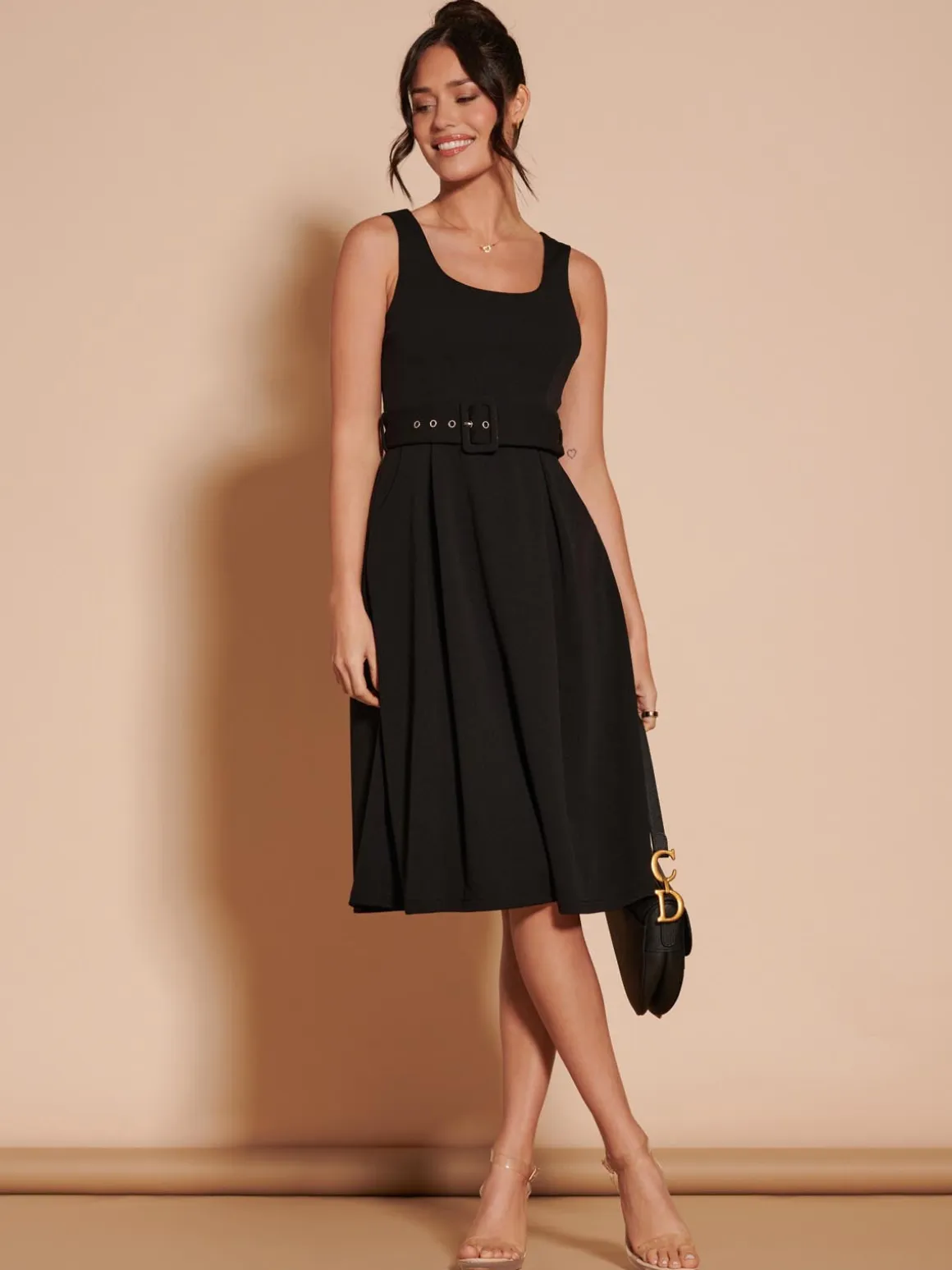 1950's Inspired Belted Swing Dress, Black