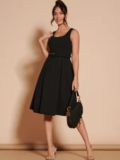 1950's Inspired Belted Swing Dress, Black