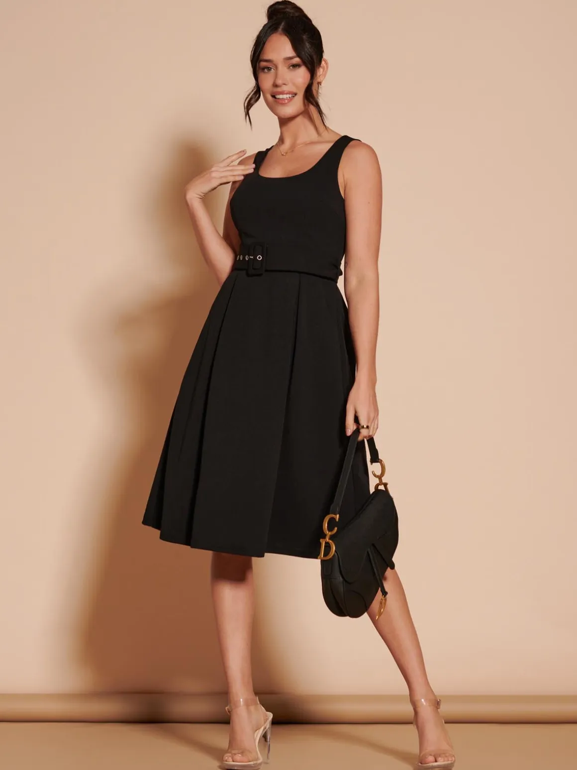 1950's Inspired Belted Swing Dress, Black