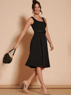 1950's Inspired Belted Swing Dress, Black