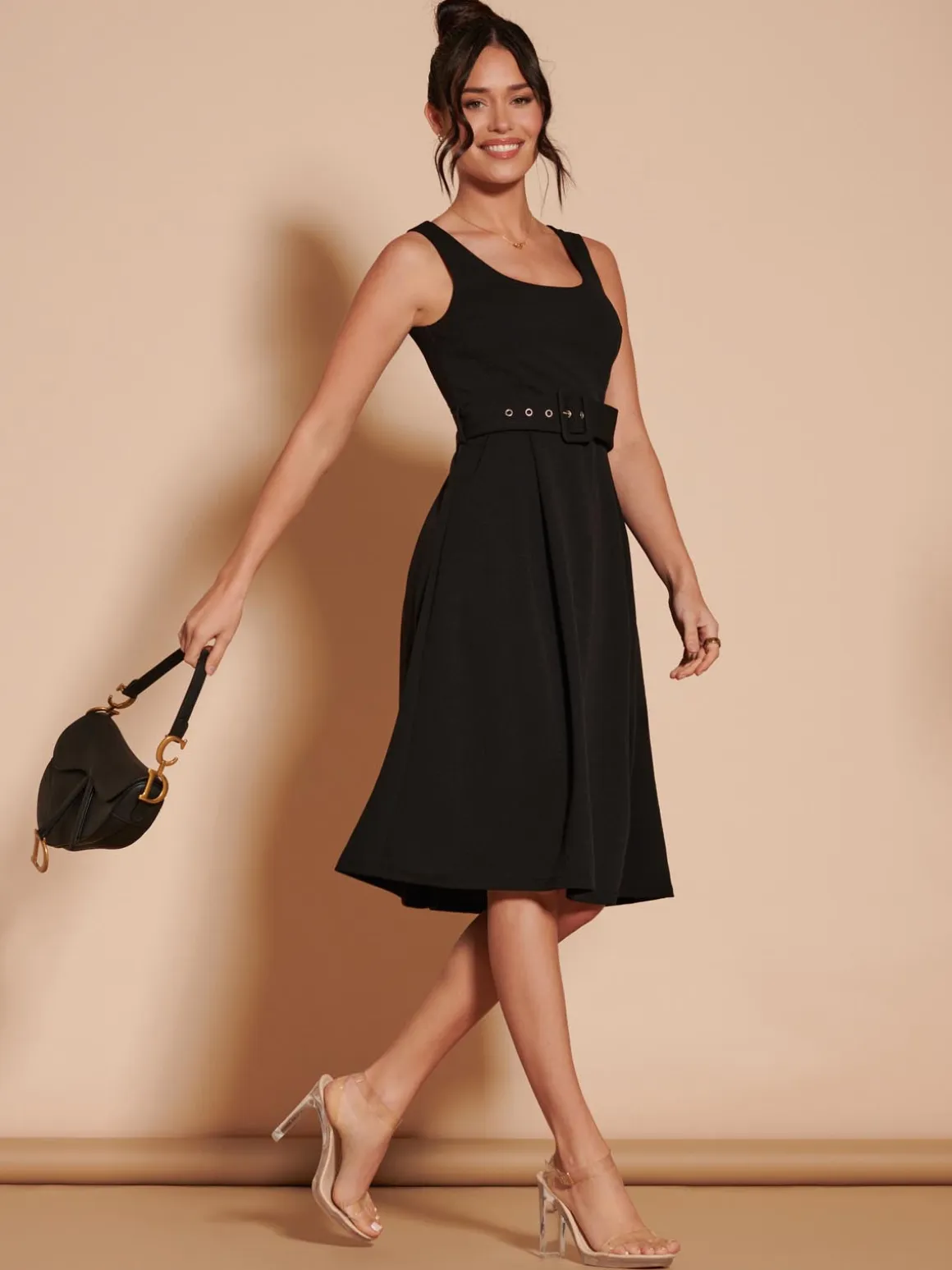 1950's Inspired Belted Swing Dress, Black