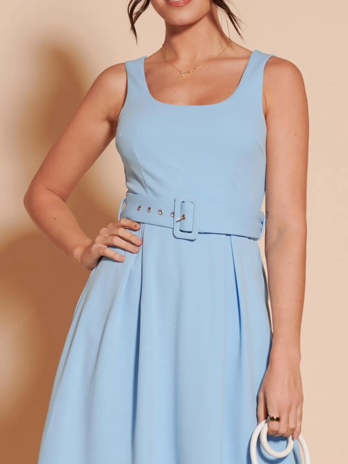 1950's Inspired Belted Swing Dress, Blue