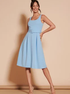 1950's Inspired Belted Swing Dress, Blue