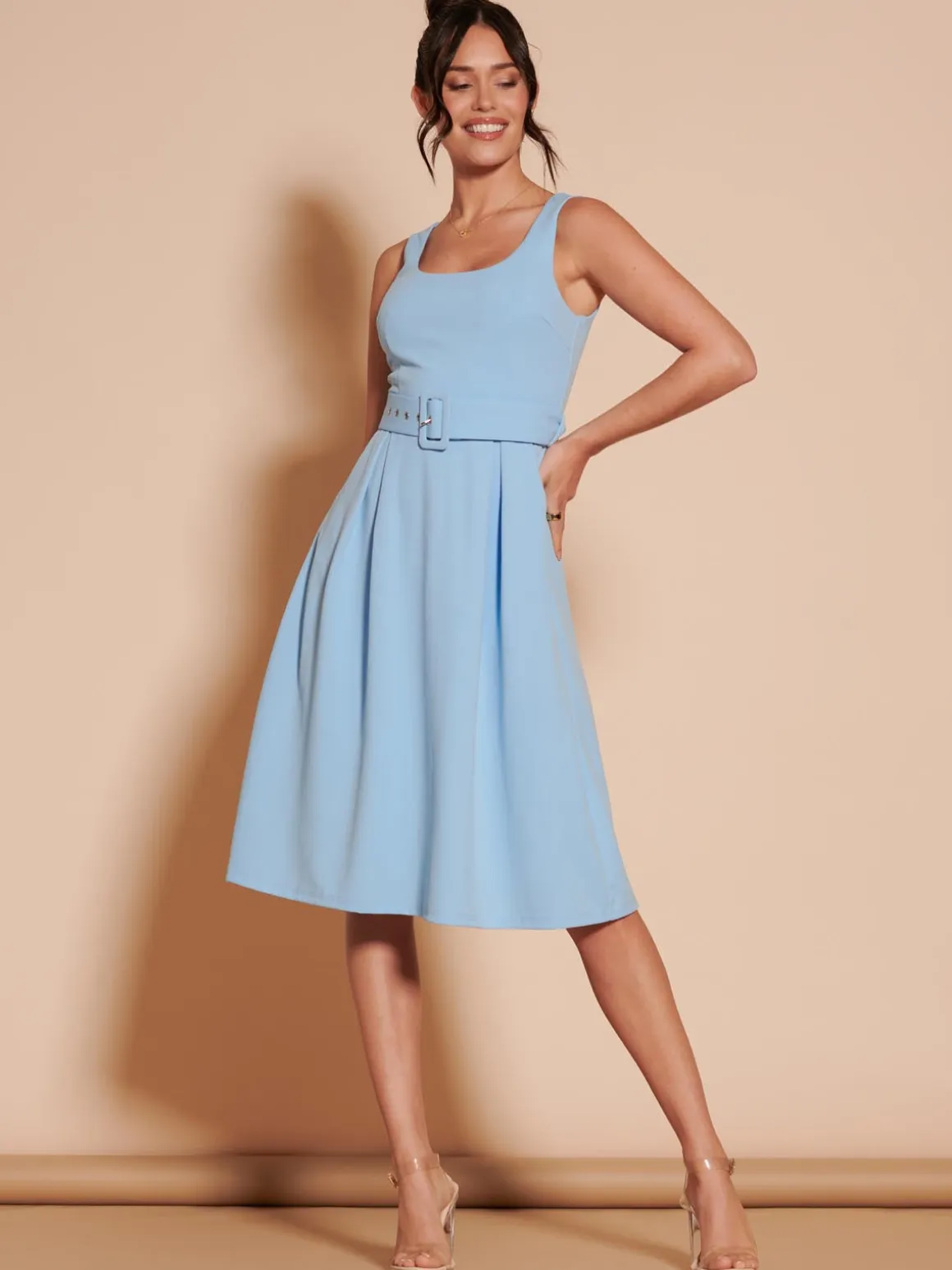 1950's Inspired Belted Swing Dress, Blue