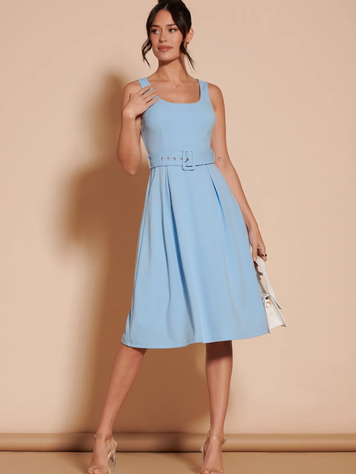 1950's Inspired Belted Swing Dress, Blue