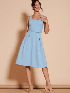 1950's Inspired Belted Swing Dress, Blue