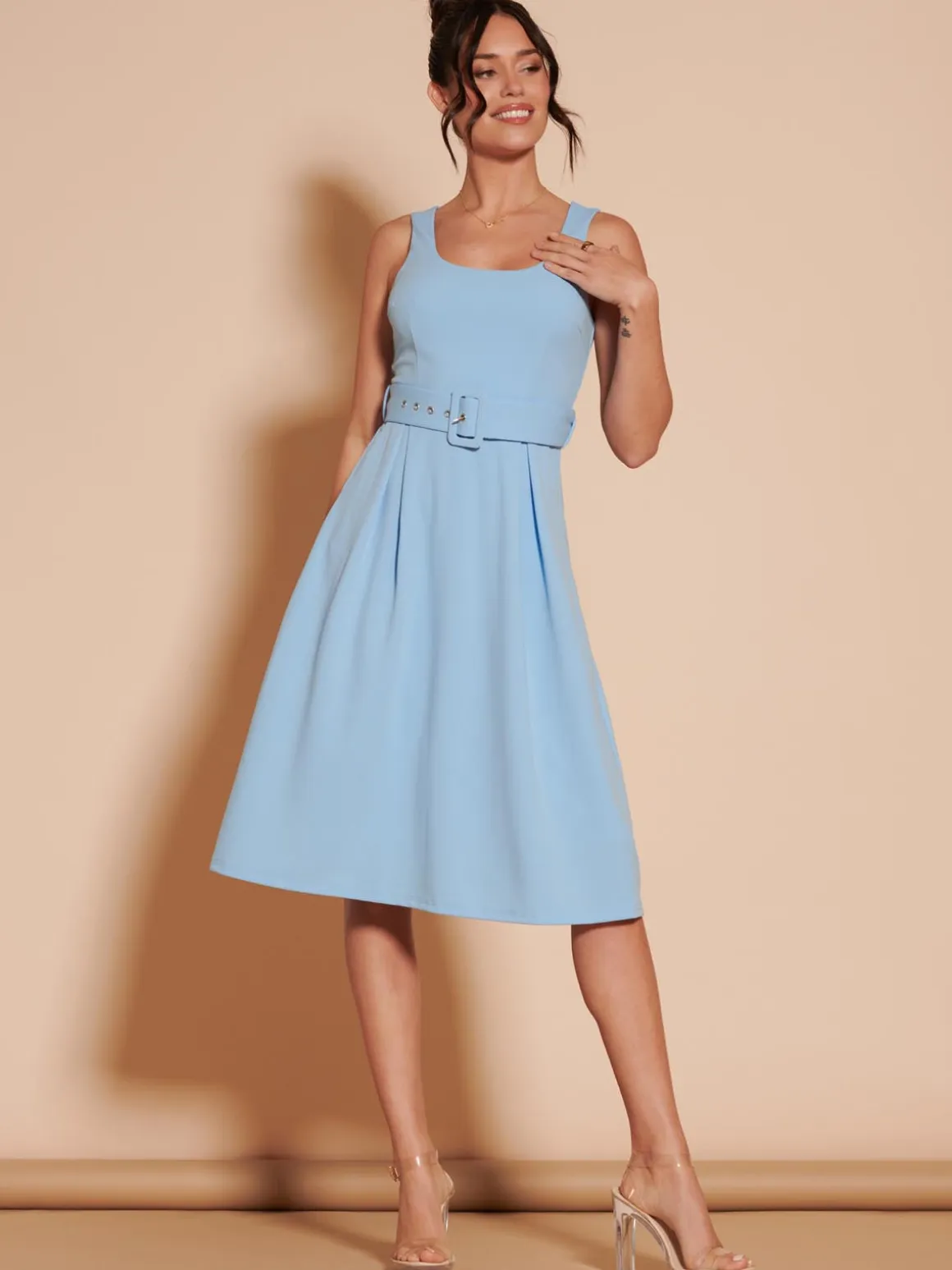 1950's Inspired Belted Swing Dress, Blue
