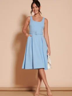 1950's Inspired Belted Swing Dress, Blue