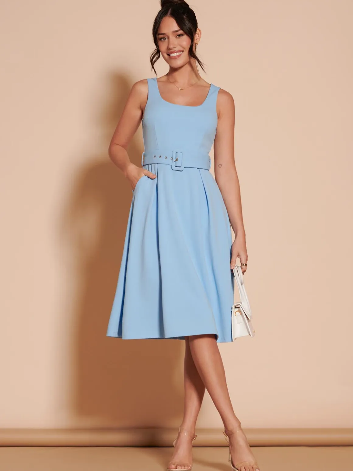 1950's Inspired Belted Swing Dress, Blue