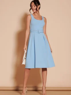 1950's Inspired Belted Swing Dress, Blue