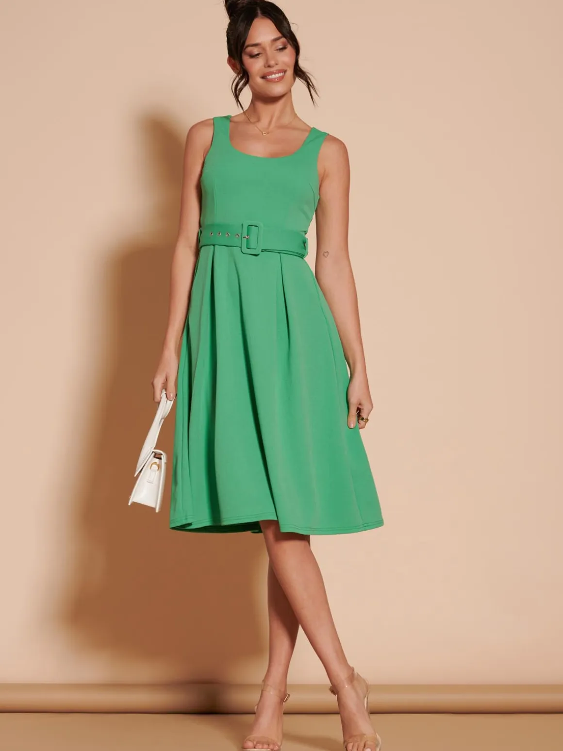 1950's Inspired Belted Swing Dress, Green