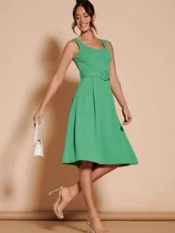 1950's Inspired Belted Swing Dress, Green