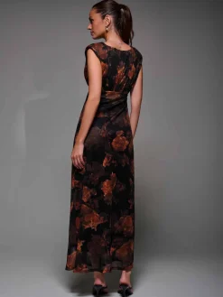 Slash Neck Fit & Flare Mesh Maxi Dress, Amber Abstract