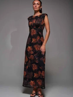 Slash Neck Fit & Flare Mesh Maxi Dress, Amber Abstract