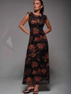 Slash Neck Fit & Flare Mesh Maxi Dress, Amber Abstract