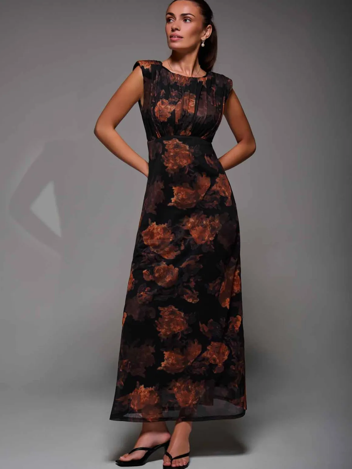 Slash Neck Fit & Flare Mesh Maxi Dress, Amber Abstract