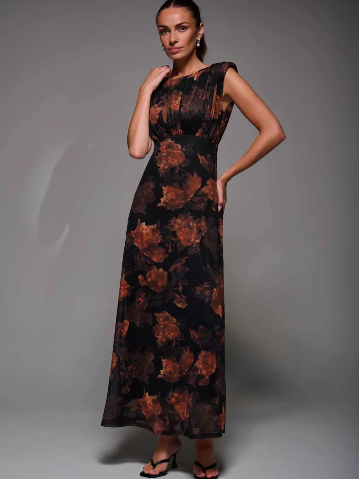 Slash Neck Fit & Flare Mesh Maxi Dress, Amber Abstract